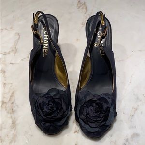 Authentic Chanel navy heel with flower at toe